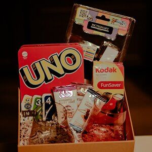 Valentine’s Game Night Gift Box : Wine Glasses, Kodak Camera, Candle, Chocolate